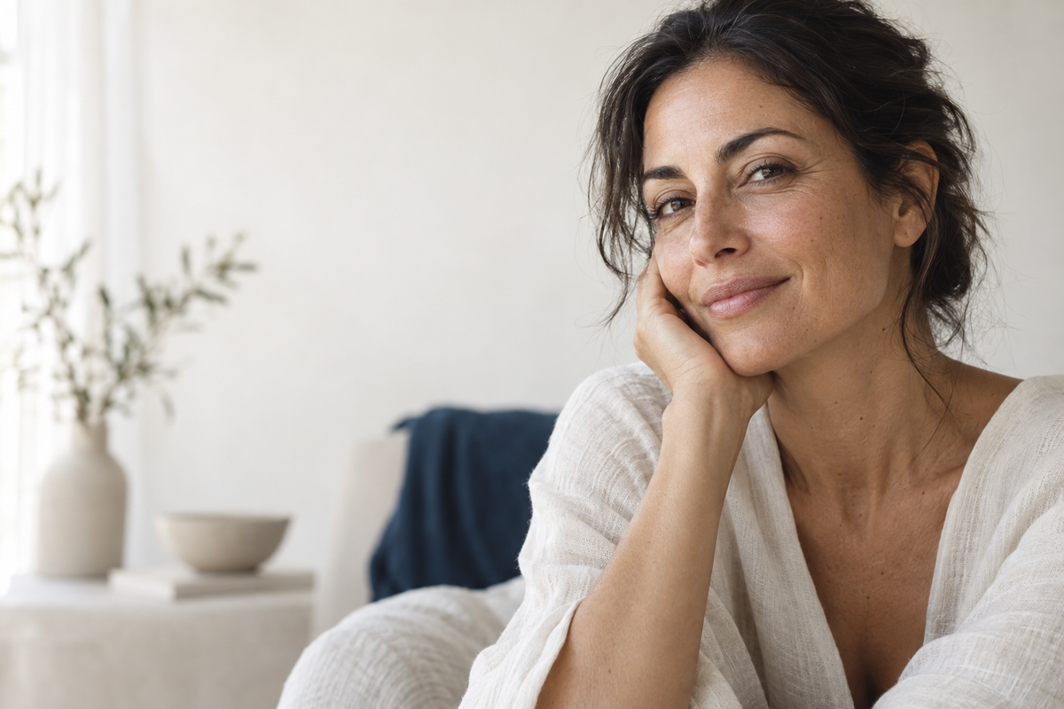 Editorial skincare portrait in soft natural light