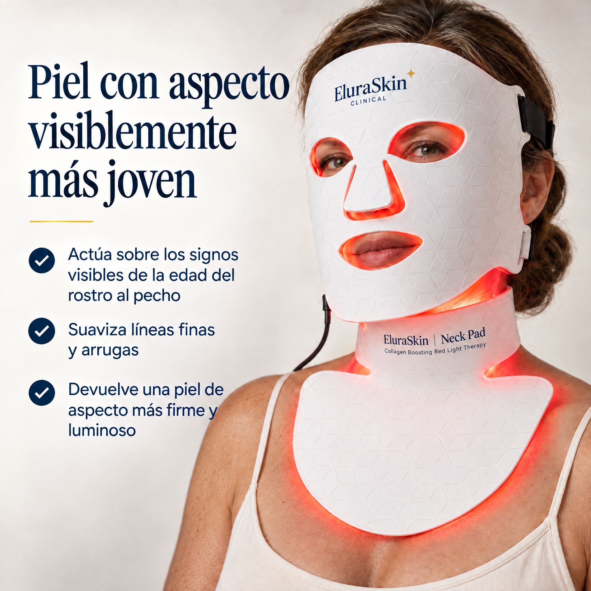 A woman wearing an EluraSkin+ face and neck light therapy device that glows orange-red, with Spanish promotional text on the left side of the image.